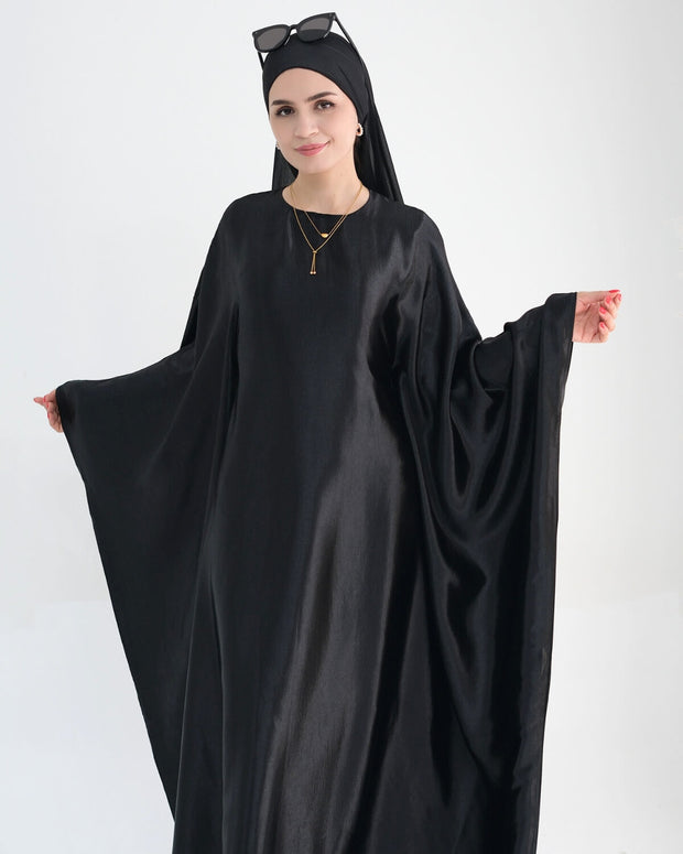 Wrinkled Satin Black Butterfly Abaya Dress