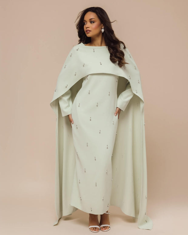 Luxury Pearl & Diamond Maxi Cape Dress
