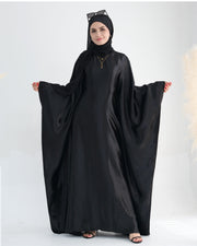Wrinkled Satin Black Butterfly Abaya Dress