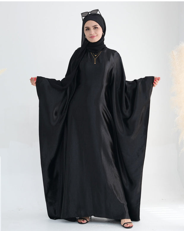 Wrinkled Satin Black Butterfly Abaya Dress