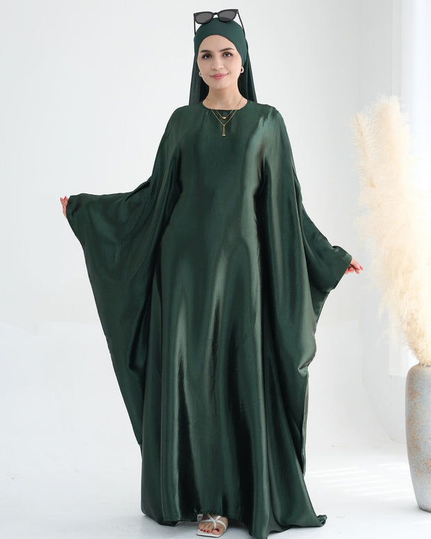 Wrinkled Satin Dark Green Butterfly Abaya Dress