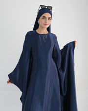 Wrinkled Satin Navy Butterfly Abaya Dress