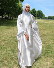 Wrinkled Satin Silver Butterfly Abaya Dress
