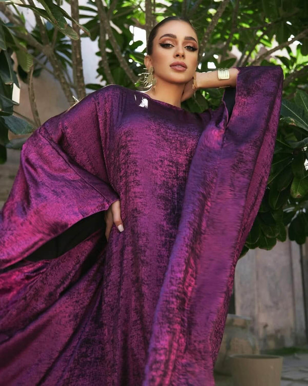 Satin Batwing Purple Butterfly Abaya Dress with Hijab