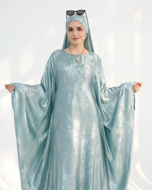 Satin Batwing Light Blue Butterfly Abaya with Hijab