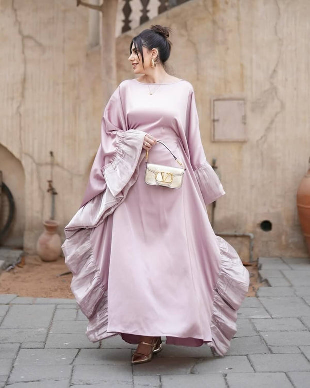 Upgraded Butterfly Abaya Dress with Pleated Floral Ruffle Sleeves