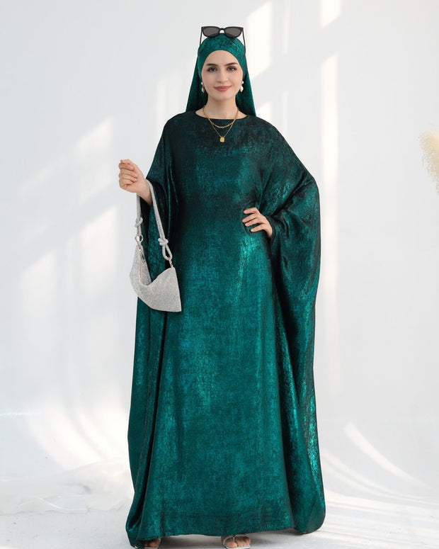 Satin Batwing Dark Green Butterfly Abaya with Hijab