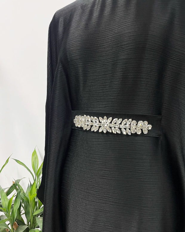Elegant Satin Maxi Butterfly Abaya Crystal-Embellished Modest Dress