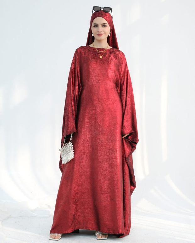 Satin Batwing Red Butterfly Abaya with Hijab