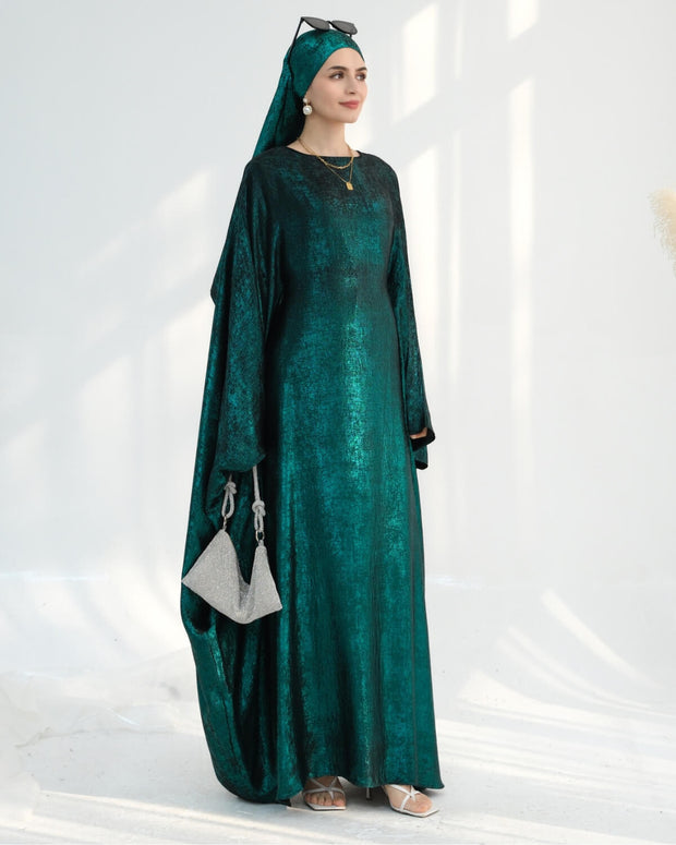 Satin Batwing Dark Green Butterfly Abaya with Hijab