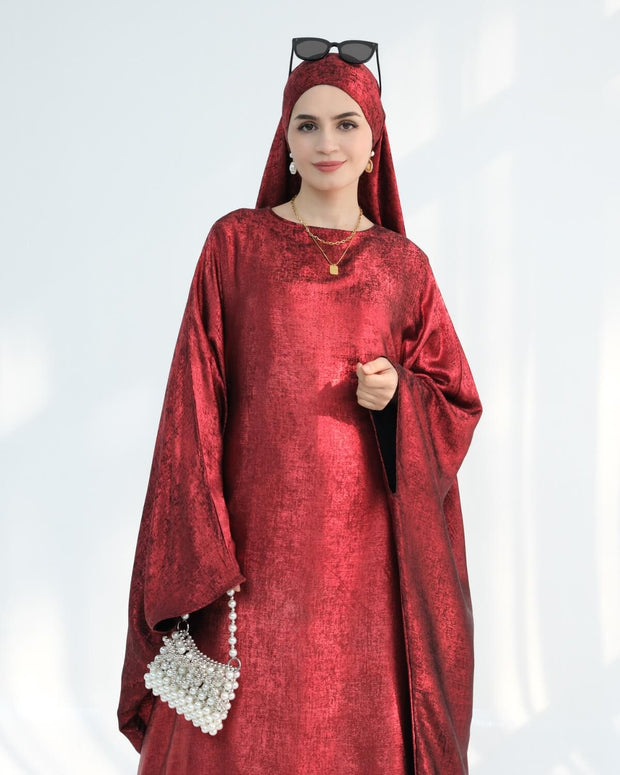 Satin Batwing Red Butterfly Abaya with Hijab