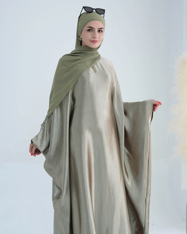 Wrinkled Satin Light Green Butterfly Abaya Dress