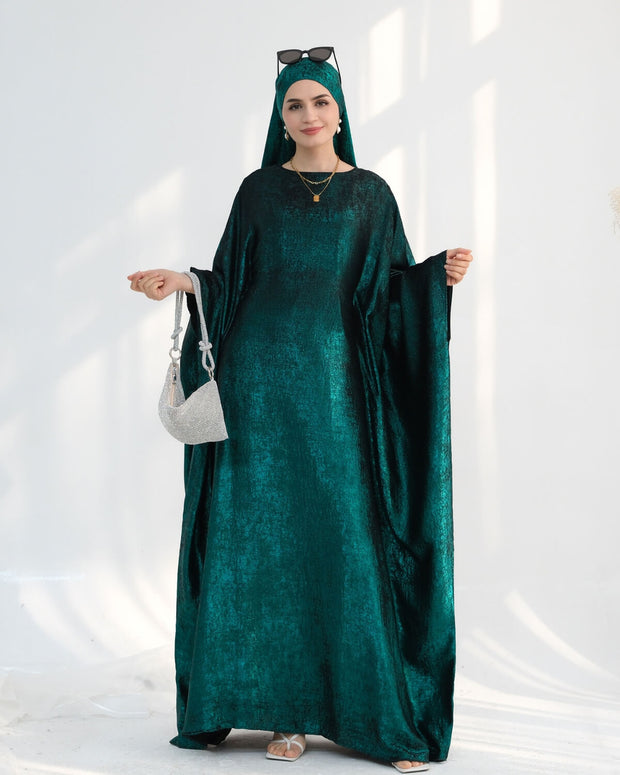 Satin Batwing Dark Green Butterfly Abaya with Hijab
