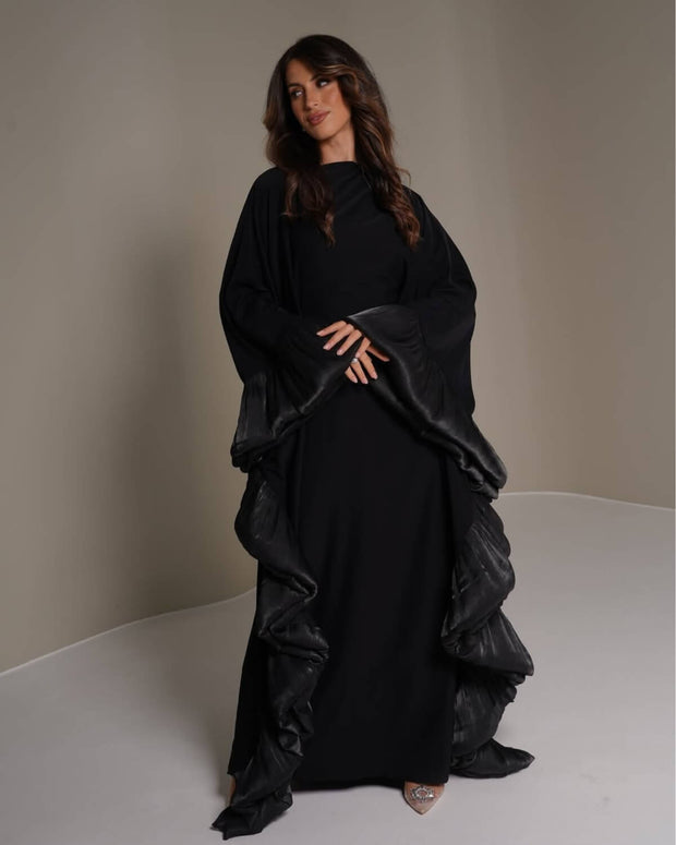Butterfly Abaya Dress with Pleated Floral Ruffle Sleeves