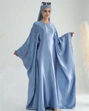 Wrinkled Satin Sky Blue Butterfly Abaya Dress