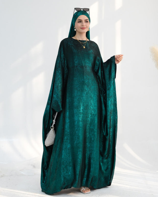 Satin Batwing Dark Green Butterfly Abaya with Hijab