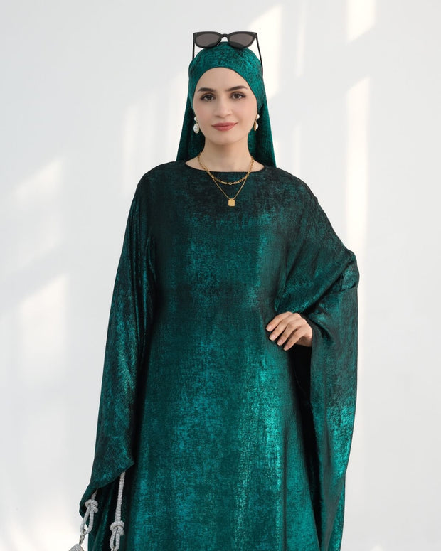 Satin Batwing Dark Green Butterfly Abaya with Hijab