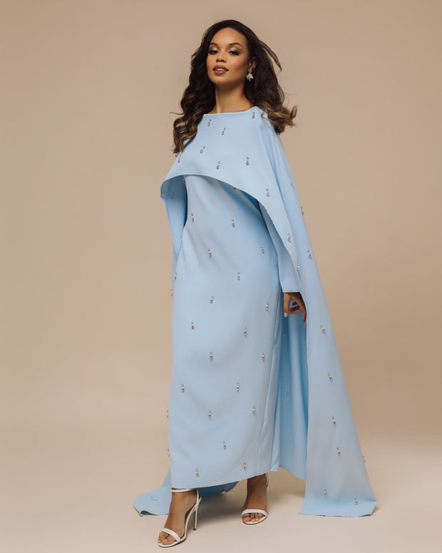 Luxury Pearl & Diamond Maxi Cape Dress