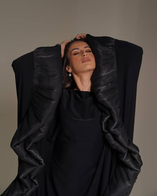 Butterfly Abaya Dress with Pleated Floral Ruffle Sleeves