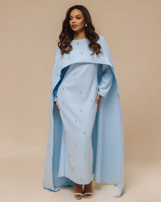 Luxury Pearl & Diamond Maxi Cape Dress