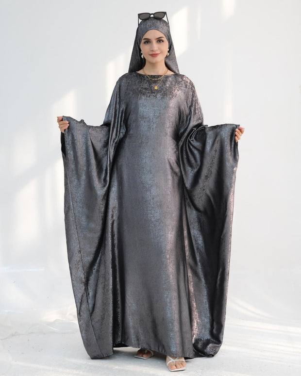Satin Batwing Dark Gray Butterfly Abaya With Hijab