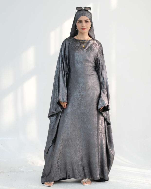 Satin Batwing Dark Gray Butterfly Abaya With Hijab