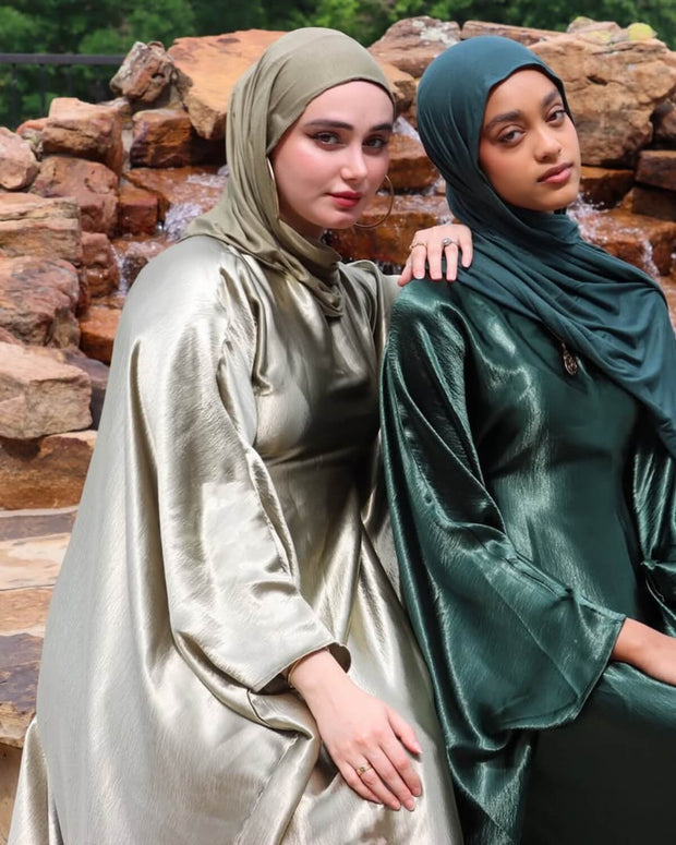 Wrinkled Satin Light Green Butterfly Abaya Dress