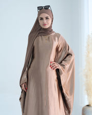 Wrinkled Satin Bronze Butterfly Abaya Dress