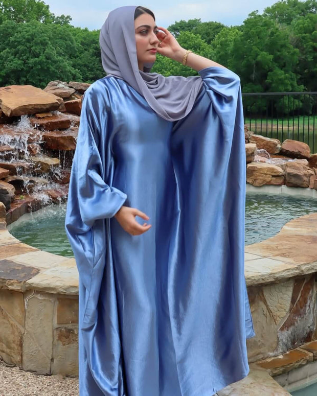 Wrinkled Satin Sky Blue Butterfly Abaya Dress