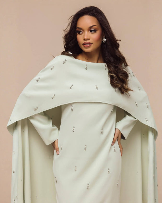 Luxury Pearl & Diamond Maxi Cape Dress