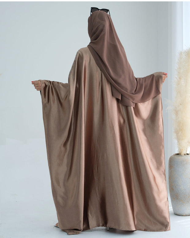 Wrinkled Satin Bronze Butterfly Abaya Dress
