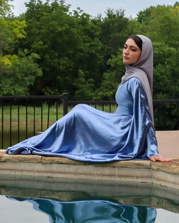 Wrinkled Satin Sky Blue Butterfly Abaya Dress