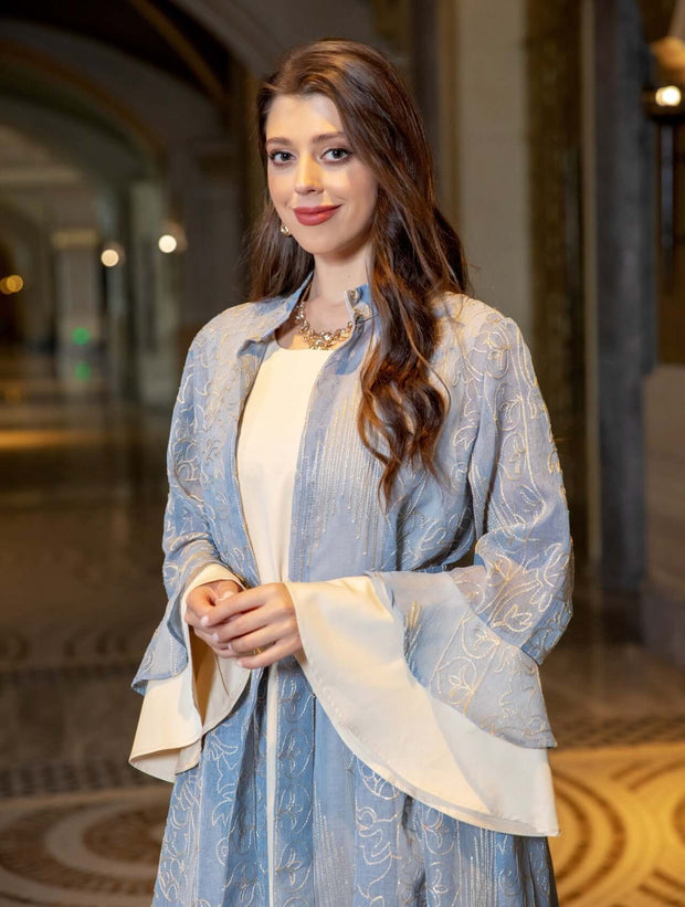 Breathable Soft Abaya Dress 3-Piece Set With Ruffle Sleeve & Stand Collar