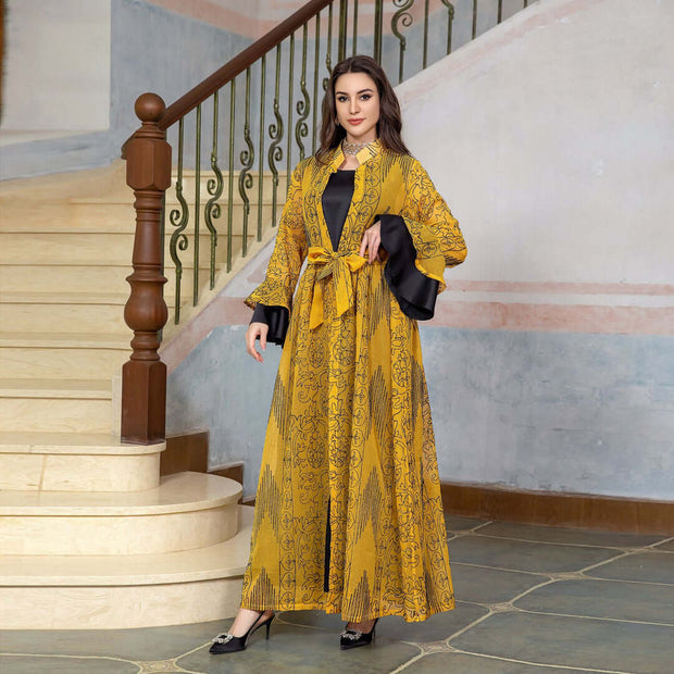Breathable Soft Abaya Dress 3-Piece Set With Ruffle Sleeve & Stand Collar