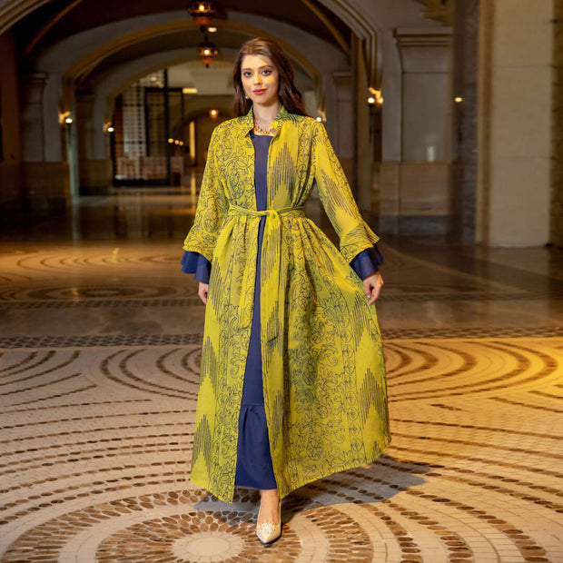 Breathable Soft Abaya Dress 3-Piece Set With Ruffle Sleeve & Stand Collar