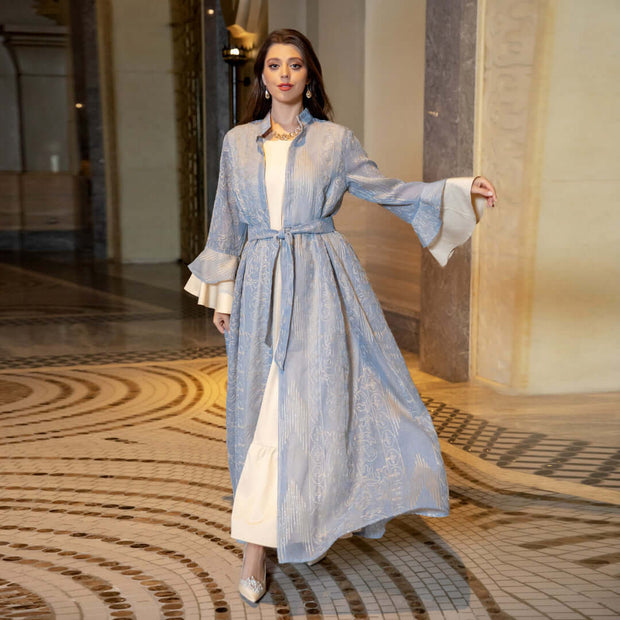 Breathable Soft Abaya Dress 3-Piece Set With Ruffle Sleeve & Stand Collar
