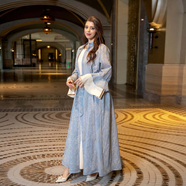 Breathable Soft Abaya Dress 3-Piece Set With Ruffle Sleeve & Stand Collar