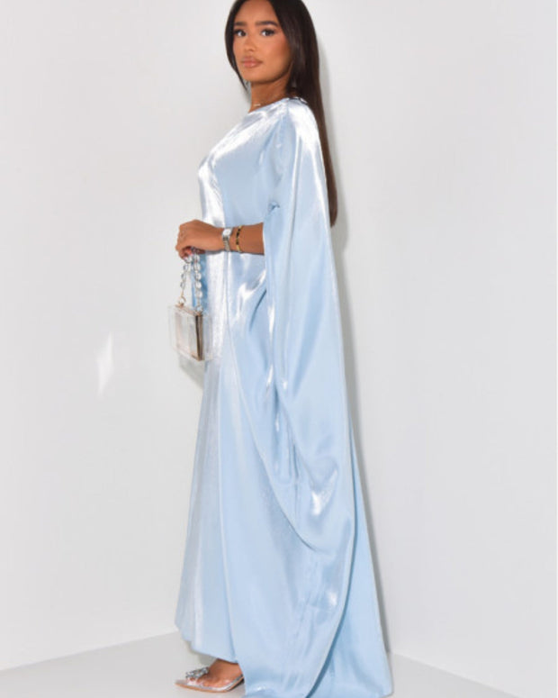 Solid Light Blue Maxi Satin Butterfly Abaya Dress