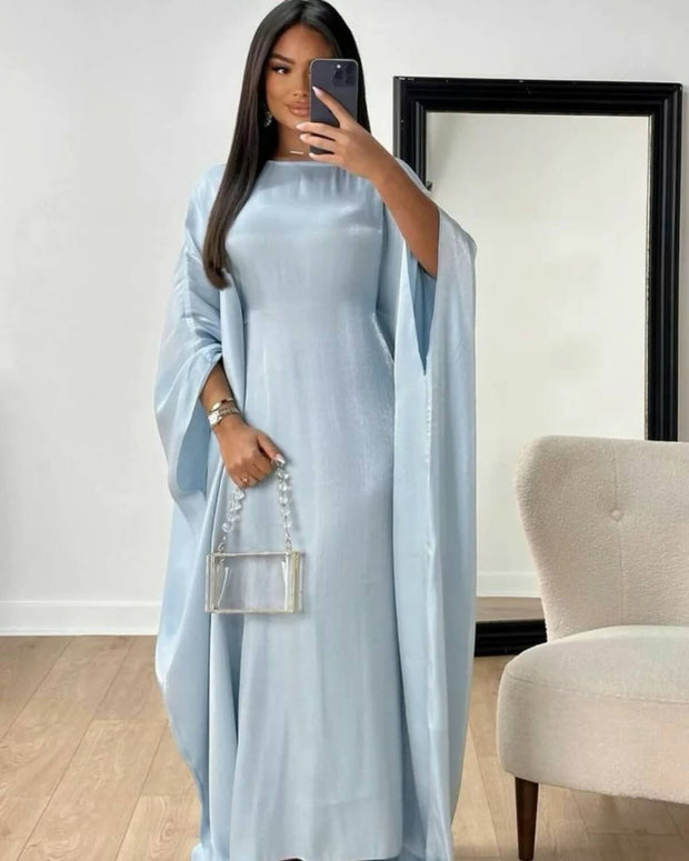 Solid Light Blue Maxi Satin Butterfly Abaya Dress