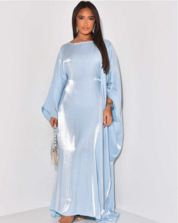 Solid Light Blue Maxi Satin Butterfly Abaya Dress