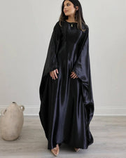 Wrinkled Satin Black Butterfly Abaya Dress
