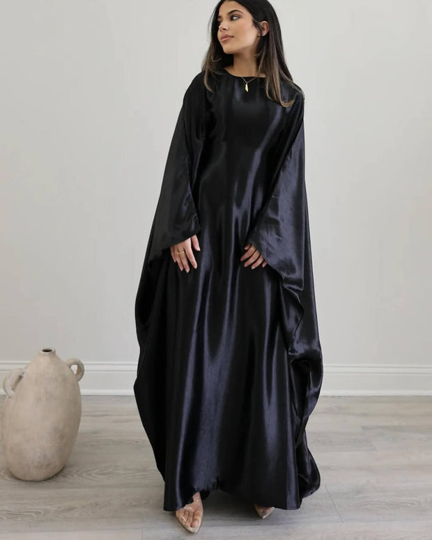 Wrinkled Satin Black Butterfly Abaya Dress