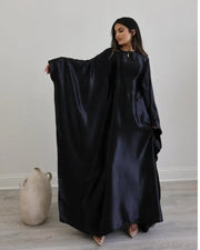 Wrinkled Satin Black Butterfly Abaya Dress