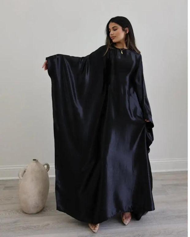 Wrinkled Satin Black Butterfly Abaya Dress
