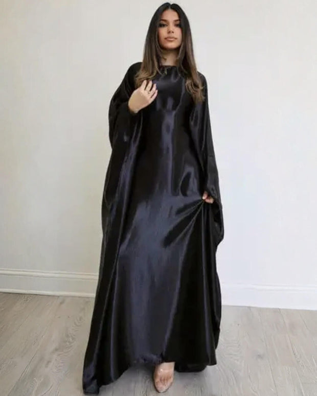 Wrinkled Satin Black Butterfly Abaya Dress