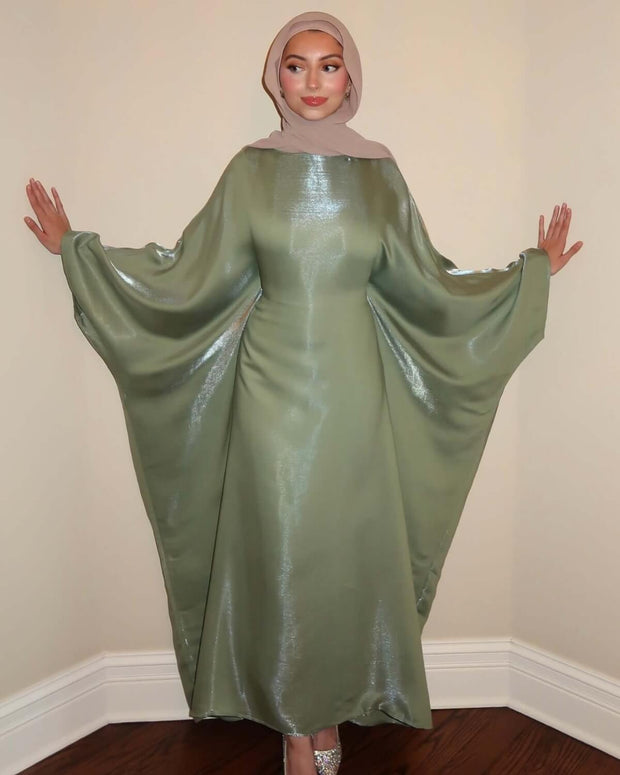 Luxury Satin Maxi Butterfly Abaya Plus Size Women's Modest Dress