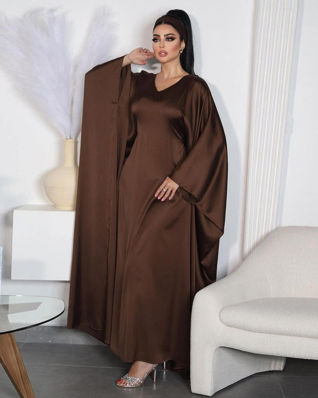 Satin Butterfly Abaya with Solid Color Long Sleeve V-Neck