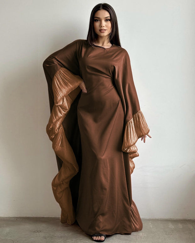 Butterfly Abaya Dress with Pleated Floral Ruffle Sleeves