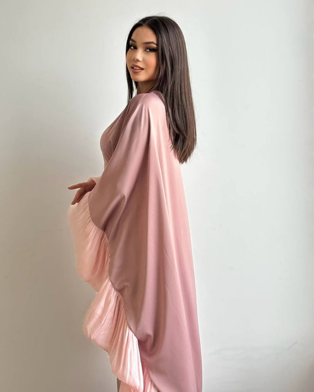 Butterfly Abaya Dress with Pleated Floral Ruffle Sleeves