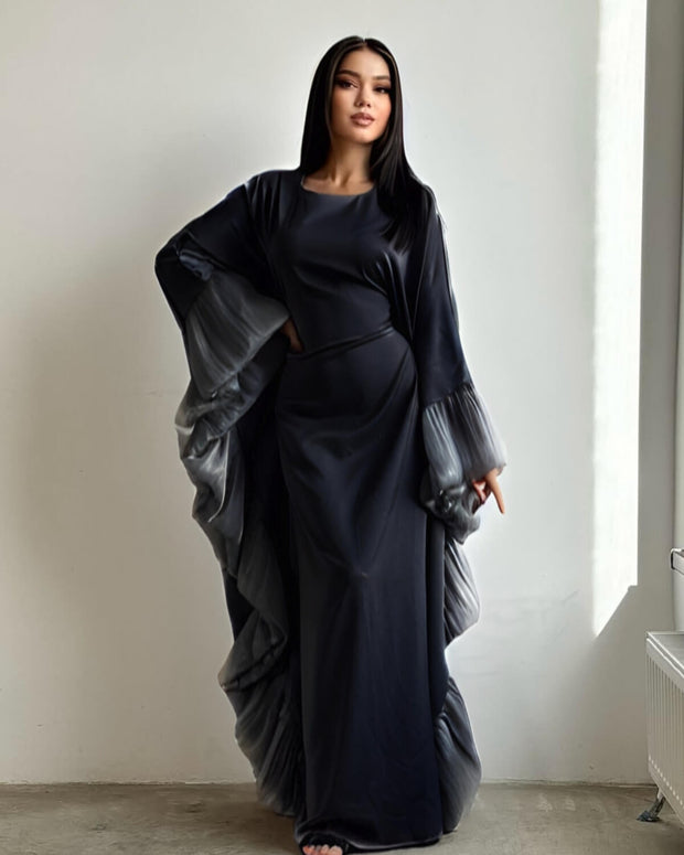 Butterfly Abaya Dress with Pleated Floral Ruffle Sleeves